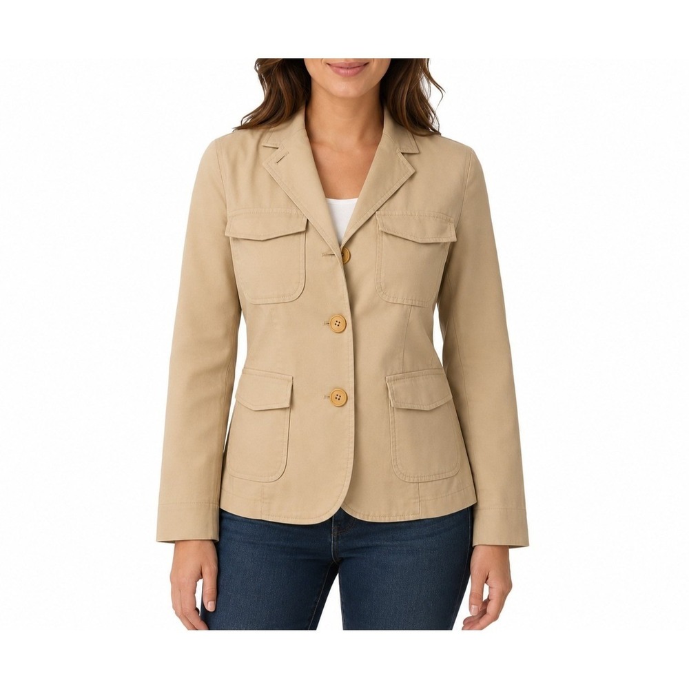 Talbots Safari Jacket Womens Size 4 Tan Brown Stretch Cotton 3 Button Unlined
